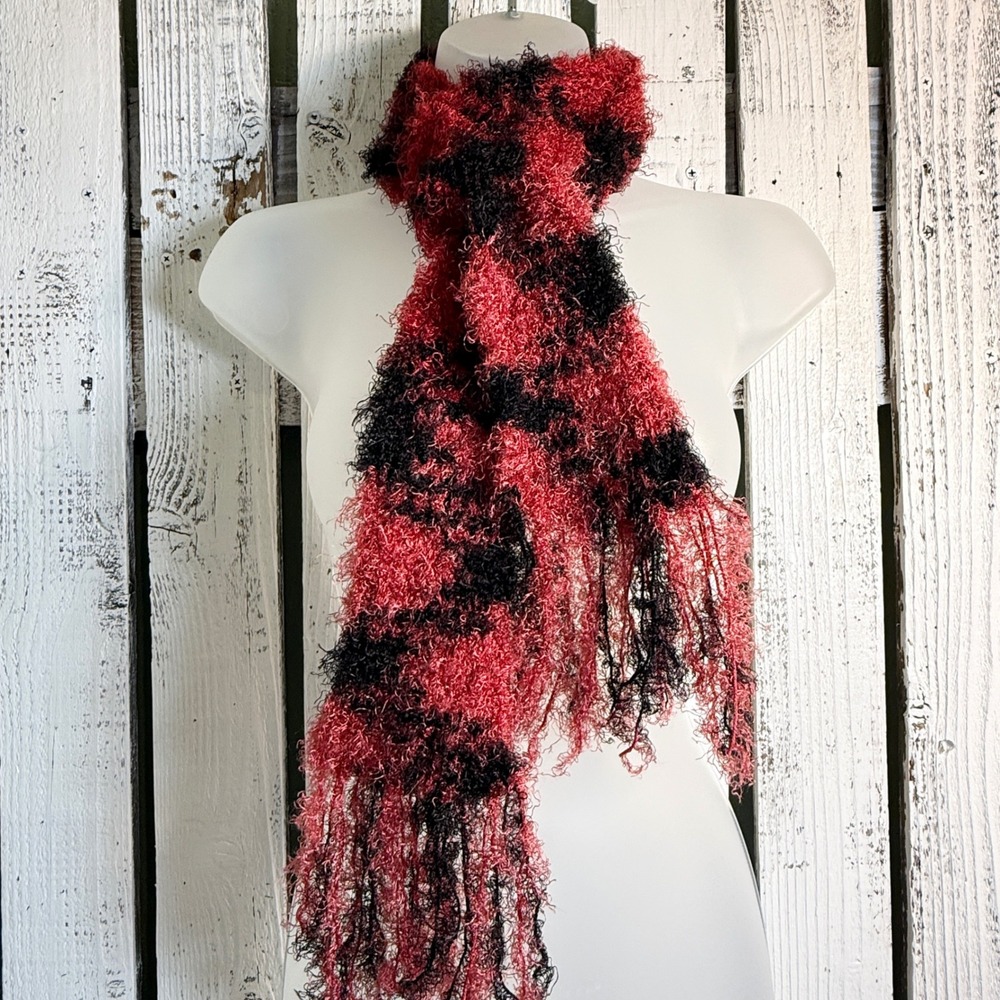 Handmade Crochet Woven Red Black Pink Fuzzy Knit Fringe Scarf One of a Kind Boho - Picture 6 of 10